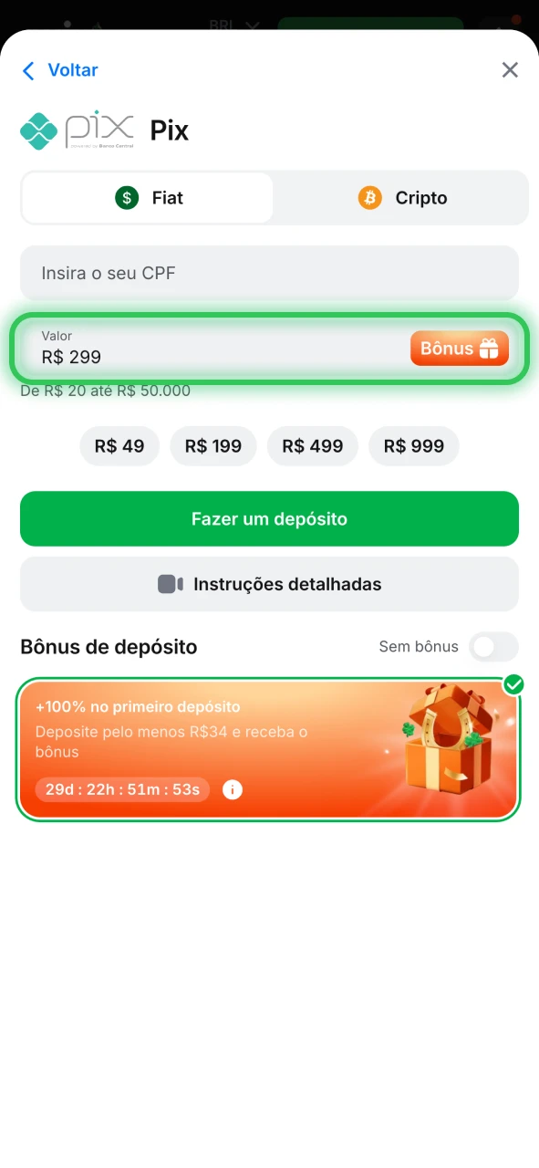 Especifique o valor do depósito no formulário 1win.